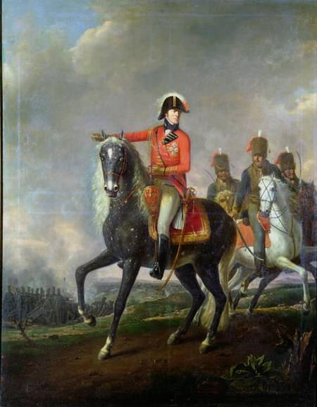 Equestrian portrait of the Duke of Wellington with British Hussars on a battlefield de Nicolas Louis Albert Delerive
