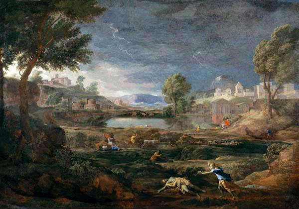 Tormenta eléctrica en el campo con Pyramus y Thisbe de Nicolas Poussin