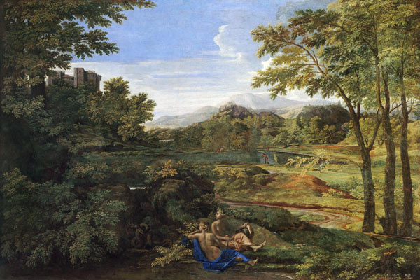Landscape with two Nymphs and a Snake de Nicolas Poussin