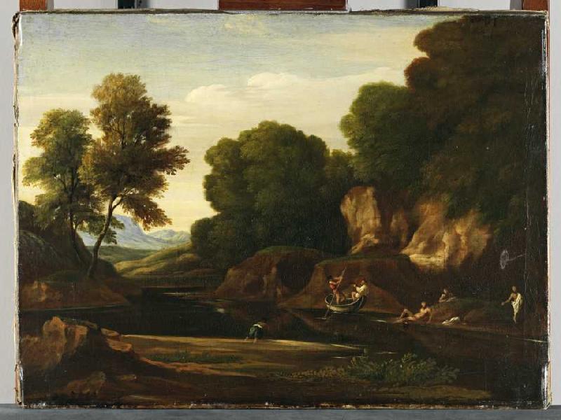 Landschaft mit Boot und Badenden de Nicolas Poussin