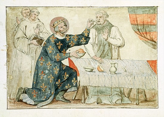 Ms 1779 fol.81 St. Louis feeding a miserly monk, from ''Memoires pour la Vie de Saint Louis'' de Nicolas Claude Fabri de Peiresc