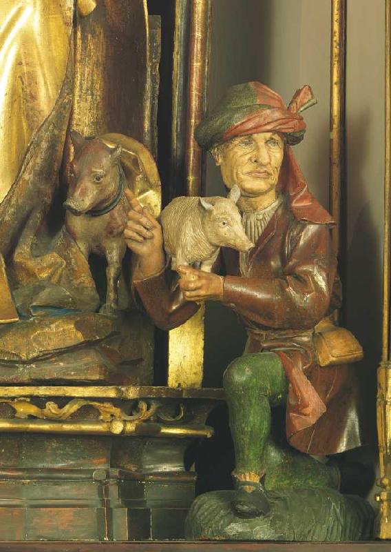 Isenheimer Altar, Detail: Mann mit Schwein (zu Füßen des Hl. Augustinus). de Niklaus von Hagenau