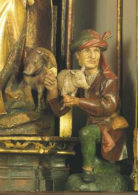 Isenheimer Altar, Detail: Mann mit Schwein (zu Füßen des Hl. Augustinus).