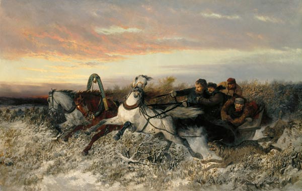 Pferdeschlitten, von Wölfen verfolgt de Nikolai Egorevich Sverchkov