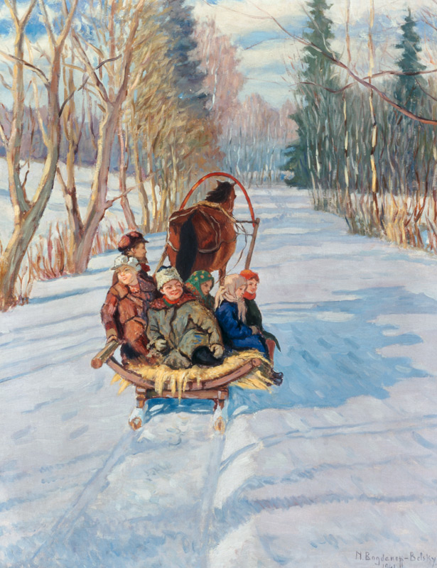 Children on a horse-drawn sleigh de Nikolai P. Bogdanow-Bjelski