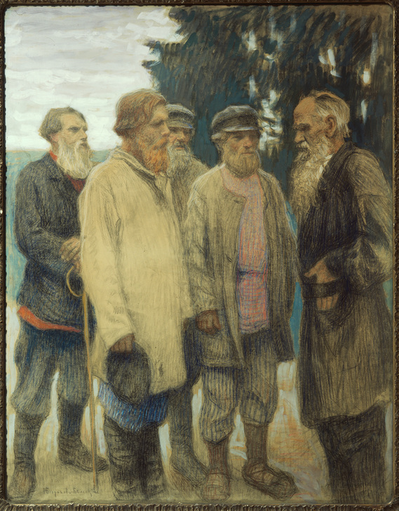 Der Schrifsteller Leo Tolstoj mit Bauern. de Nikolai P. Bogdanow-Bjelski