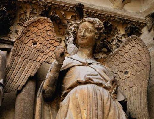 Detail of one of St. Nicaise's angels, Sculpture from exterior west facade, 14th century (stone) (se de 
