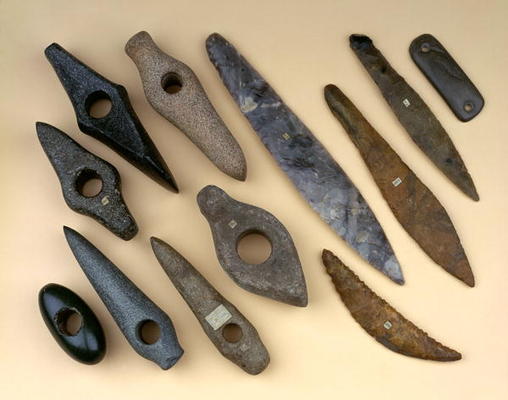 Collection of Neolithic to early Bronze Age weapon heads including a Danish flint leaf-shaped dagger de 