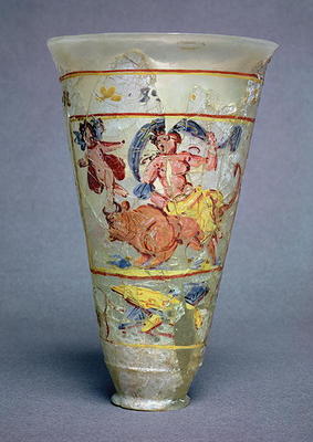 Vase with painted decoration depicting Europa and the Bull, Roman (glass) (see also 98005) de 