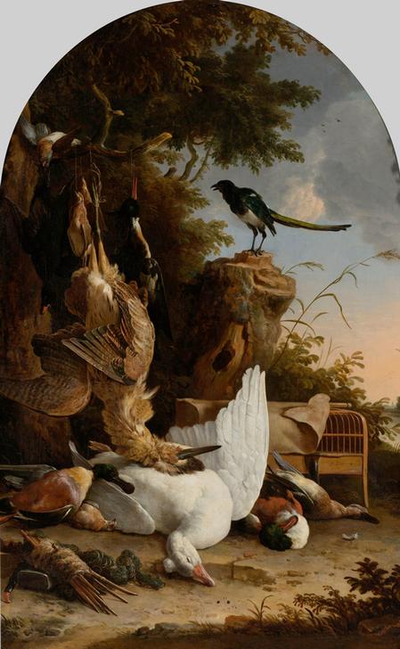 A Hunter’s Bag near a Tree Stump with a Magpie, Known as ‘The Contemplative Magpie’ de 