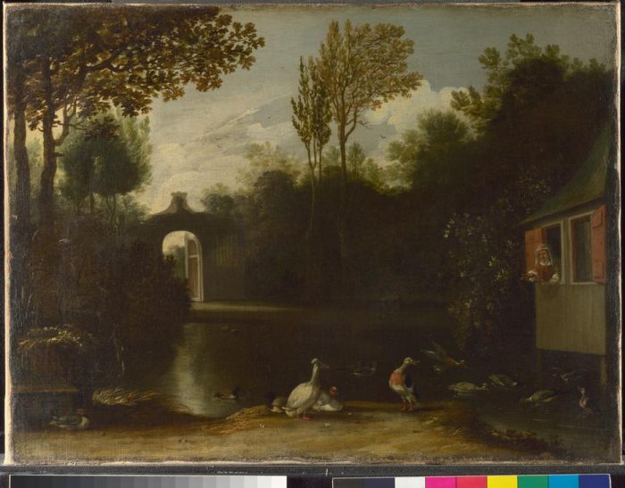 A woman appears to throw food to feed assorted waterfowl in a garden scene. de 