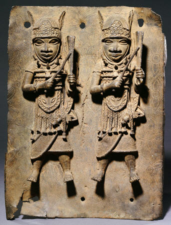 A Benin Bronze Plaque With Two Relief Figures, C de 
