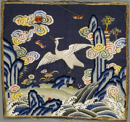 A Blue-Ground Embroidered Mandarin Square Depicting An Egret de 