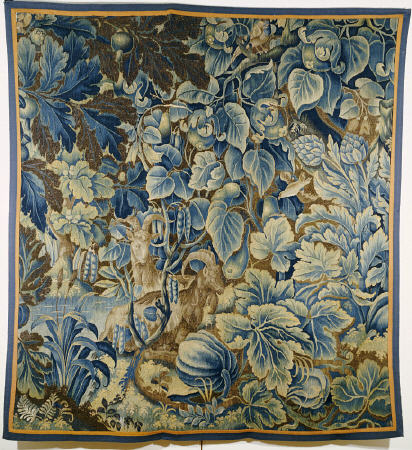 A Feuille De Choux Tapestry Woven In Blue And Brown With Two Goats And Birds Amongst Exotic Gourds A de 