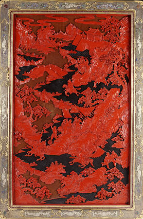 A Filigree Framed Red Lacquer Panel Depicting Warriors On Horseback And Mythical Animals In A Landca de 