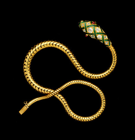 A Fine Victorian Diamond, Gold And Enamel Flexible Serpent Necklace, Circa 1860 de 