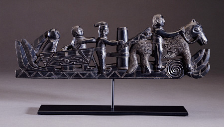 A Haida Argillite Ship Pipe Depicting A Ship, An Equestrian Scene And Various Scroll And Foliate Mot de 