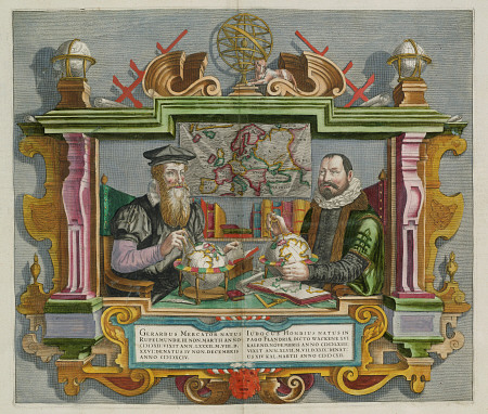 A Hand Coloured Engraving Of Cartographers Gerard Mercator (1512-1594) And Jodocus Hondius (1563-161 de 