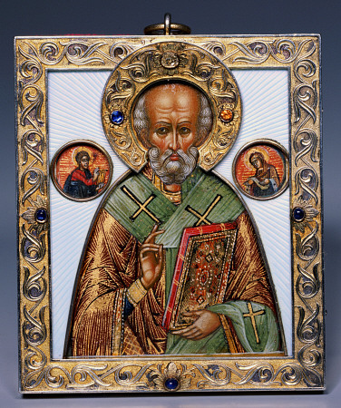 A Jewelled Silver-Gilt And Guilloch? Enamel Icon Of Saint Nicholas, Marked K de 