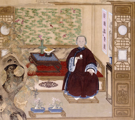 A Lady In Dark Red, Seated On A Day Bed Holding A Blue And White Cup de 