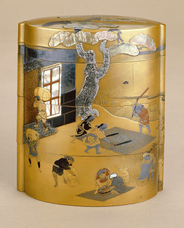 A Large Three Case Inro Inlaid With Mother Of Pearl And Lead Depicting Farmers In Rice Fields And Th de 