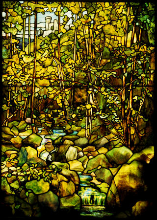 A Leaded Glass Window Of A Woodland Scene By Tiffany Studios de 
