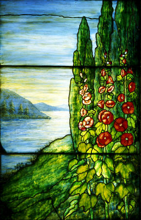 A Mountainous Lake Scene With Red Blossoming Hollyhocks And Arbor Vitae Painted And Leaded Glass Lan de 