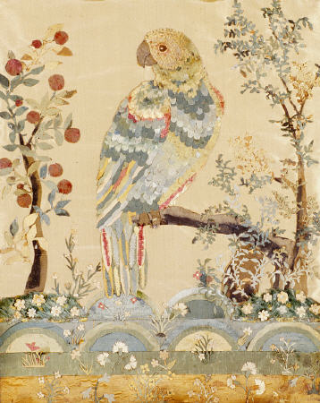 An Applique Picture Of A Parrot Perched In An Acacia Tree Above Hillocks With An Orange Tree To The de 