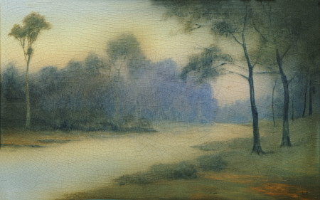 An Earthenware Scenic Plaque By Rookwood, Depicting A View Of A River And Wooded Banks,  Decorated B de 