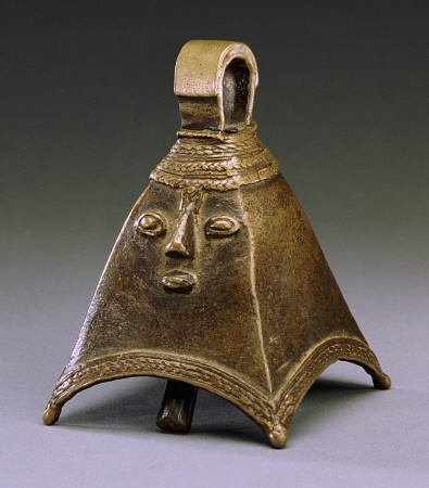 An Owo Brass Bell Of Pyramidal Form With A Human Face In Relief de 