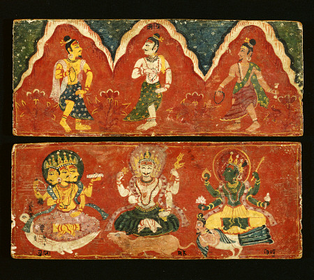 A Pair Of Nepalese Polychrome Wooden Manuscript Covers The Upper Cover Painted With Three Standing D de 