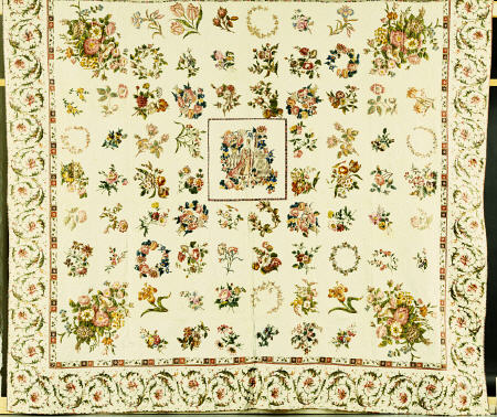 A Pieced And Appliqued Cotton Quilted Coverlet, American, 1844 de 