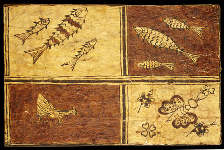 A Rare Melanesian Painted Bark Cloth Decorated With A Fowl, Exotic Butterflies And Fishes On Reddish de 