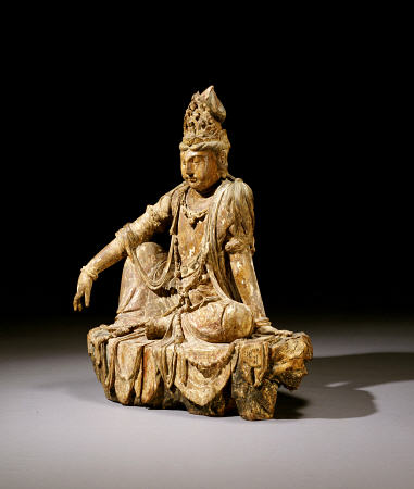 A Rare Painted Wood Figure Of Guanyin de 