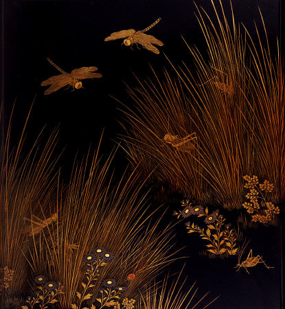 A Roironuri Suzuribako (Writing Case) Depicting Dragonflies, Crickets And A Ladybird Among Grasses A de 
