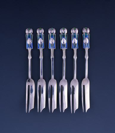 A Set Of Six Liberty Silver And Enamel Pastry Forks de 