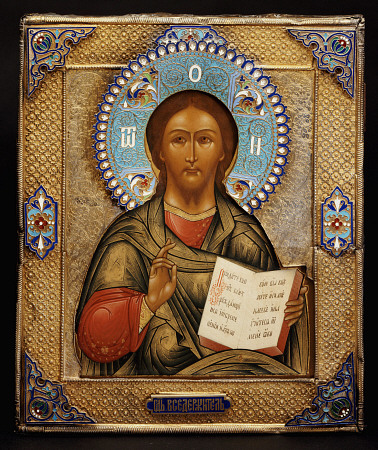 A Silver-Gilt And Cloisonne Enamel Icon Of Christ Pantocrater, The Oklad Marked Moscow, 1895, Assaym de 