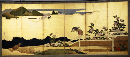 A Six-Panel Screen Painted In Ink, Colour And Gofun On Gold Paper With A Cockerel Perched On A Fence de 