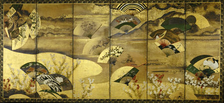 A Six-Panel Screen Painted In Sumi, Colour And Gofun On Paper Sprinkled With Gold And Silver With Sc de 