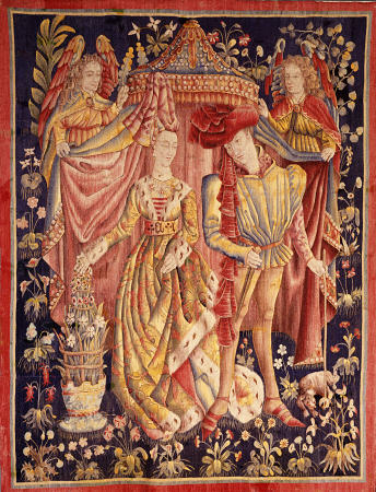 A Tournai Betrothal Tapestry Depicting A Man And Woman In Fine Dress Beneath A Canopy Held Back By T de 