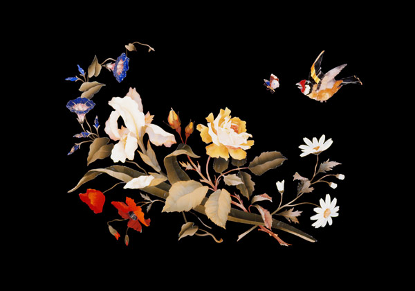 A Florentine Pietra Dura Panel, Inset With A Goldfinch Chasing A Butterfly Above A Floral Bouquet de 