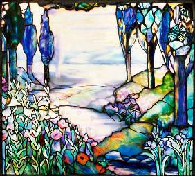 A Leaded Glass Landscape Window By Tiffany Studios, Circa 1915, Depicting A River Meandering From A