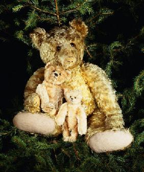 A Large Steiff Golden Curley Plush Covered Teddy Bear In A Christmas Tree With His "Inseparable Frie
