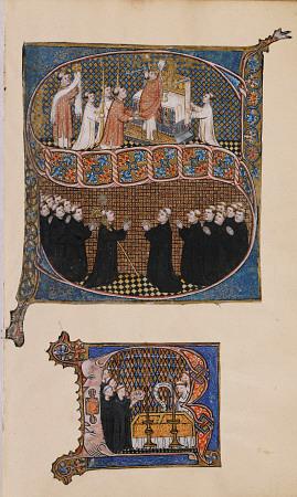 An Illuminated Initial ''S'' Showing Bishops And Monks At Worship