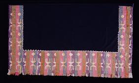 An Osage Woman''s Shawl, Of Blue Trade Cloth, Decorated On Three Sides Of The Border With Ribbon App