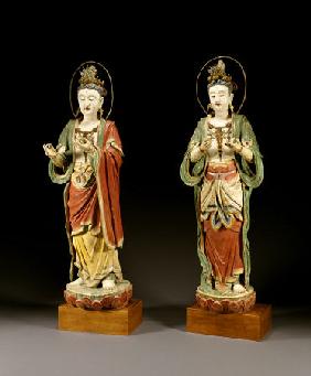A Pair Of Rare Monumental Painted Stucco Figures Of Bodhisattvas, Each A Representation Of Avalokite