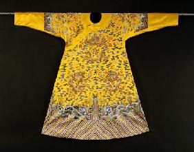 A Rare Imperial Embroidered Yellow Silk Twelve Symbol Dragon Robe, Ji Fu