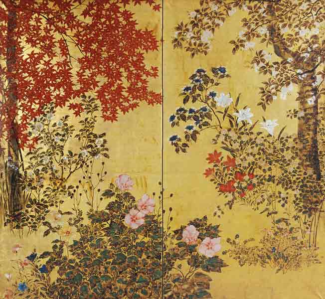 A Two Leaf Japanese Screen On Gold Paper With Maple Branches, Camellias, Hydrangeas, Cherry Flowers, de 