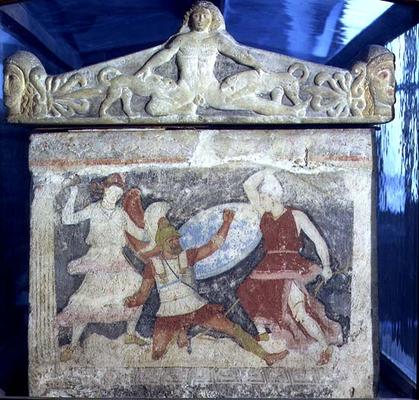 A Greek fighting two Amazons from the end of the sarcophagus of the Amazons, with Acteon torn apart de 