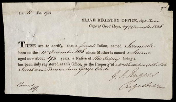 A Slave Registration Certificate, Cape Town, 27 December 1826 (pen and ink on paper) de 